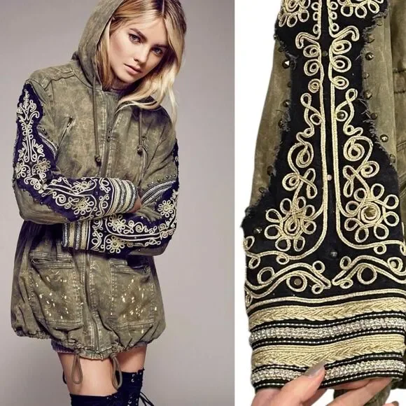 FREE PEOPLE Golden Quills Military Parka Jacket Coat Green Rhinestones M RARE - Picture 1 of 16